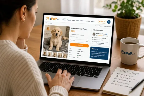 Person checking an online puppy advert