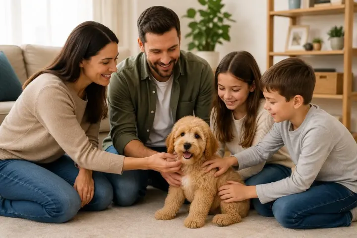 Family meeting a puppy responsibly