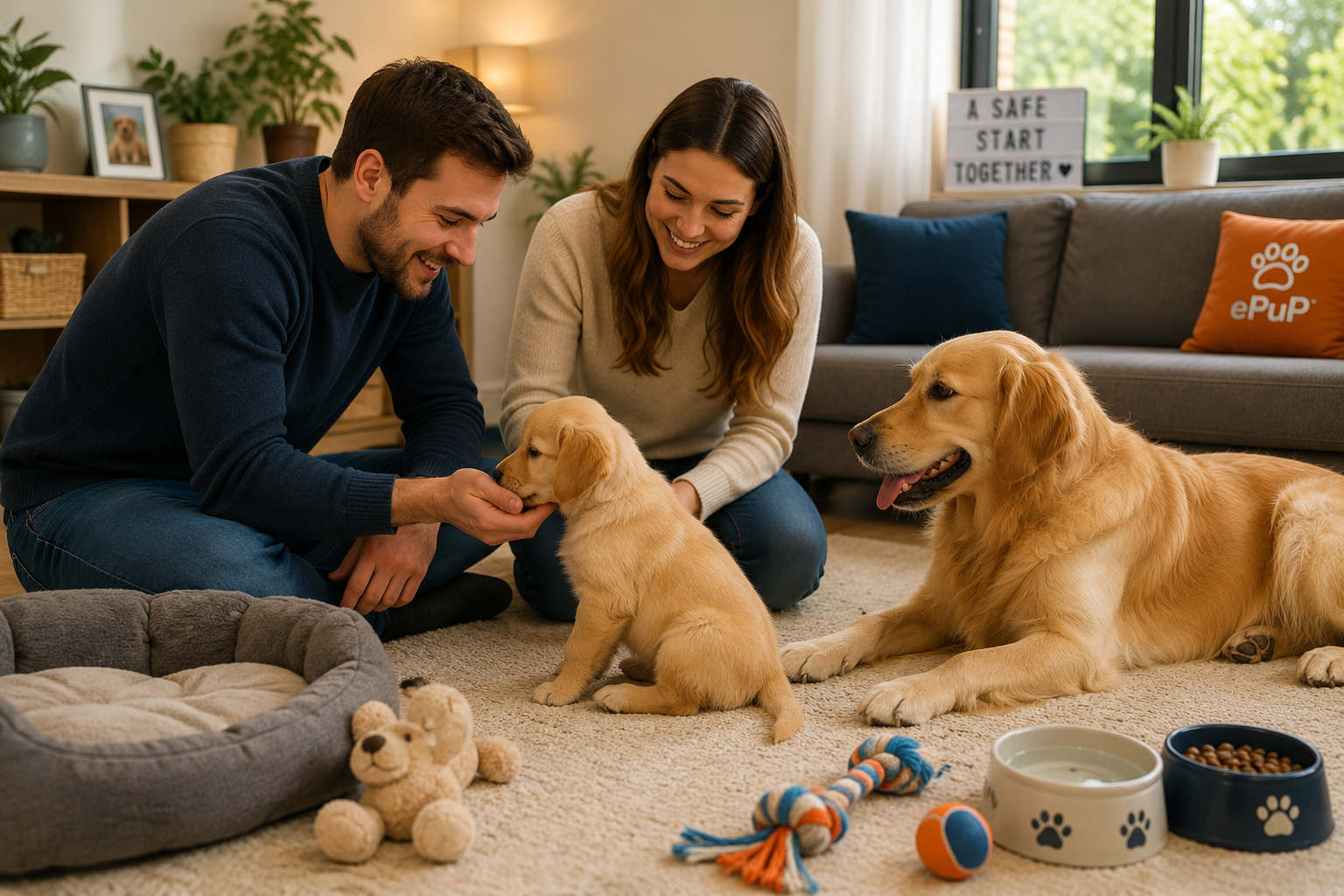 Prospective owner meeting a puppy with its mother in the home where it was raised