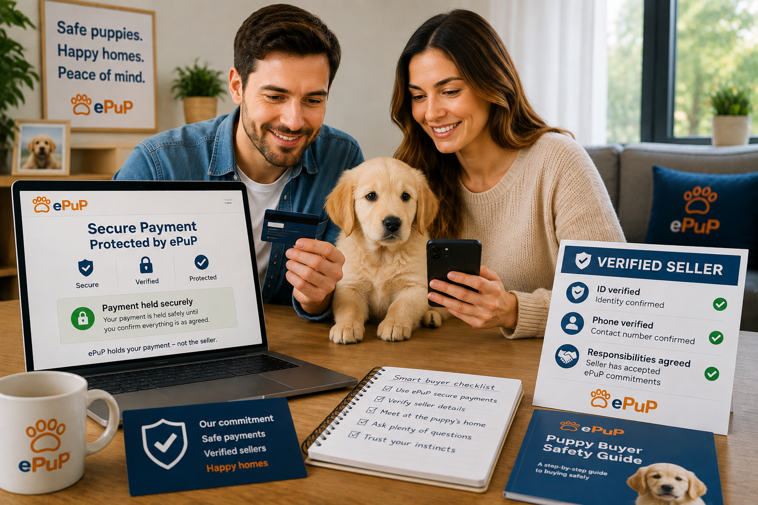 Buyer checking seller verification and safe payment details before purchasing a dog